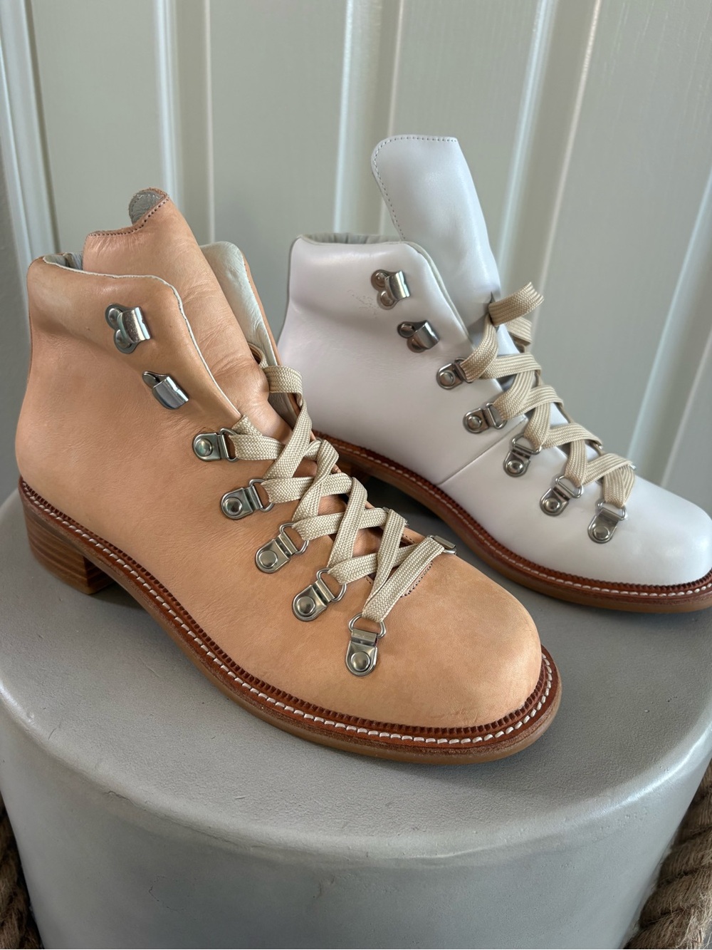 Jeffrey Campbell| Leather Hiker Boots |Mismatched White + Blush Pink | Sz 8.5